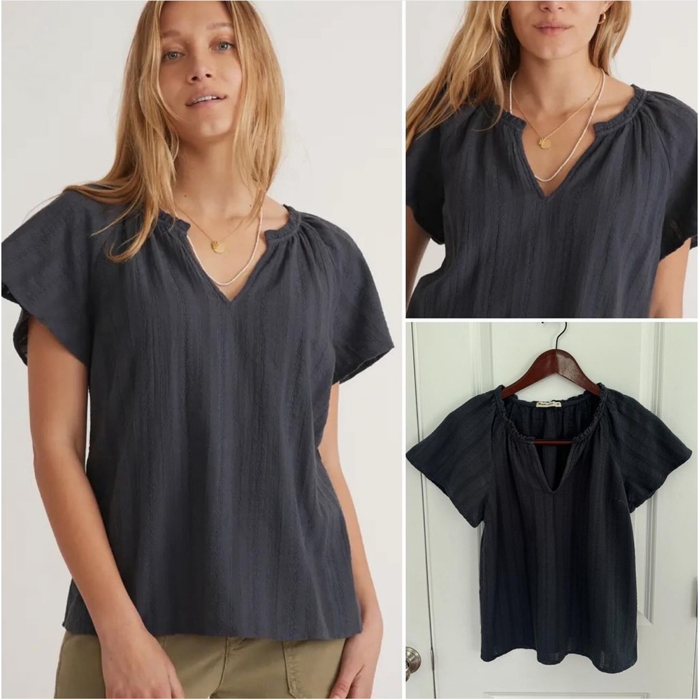 Marine Layer Short Sleeve V-Neck Textured Top in Charcoal